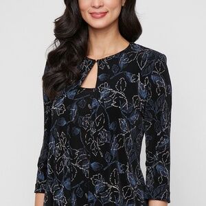 alexevenings.com 3/4 Sleeve Printed Glitter Slinky Knit Twinset with Scoop Neck